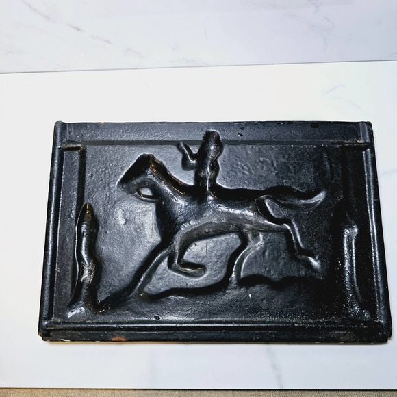 Antique Cast Iron Stove Plate or Mailbox Front Panel Man on Horse Door Cover - Picture 4 of 7